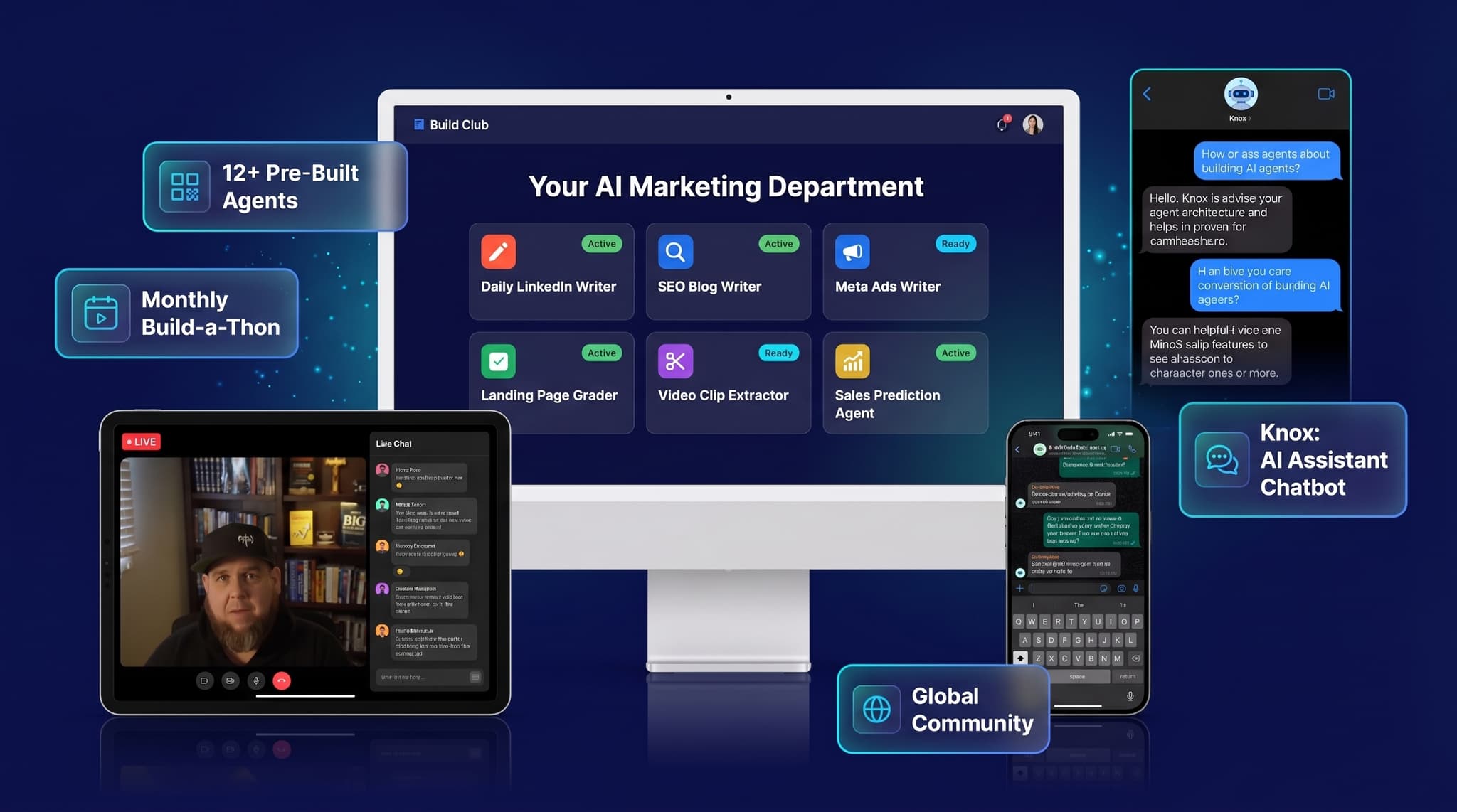 Agent Skills Build Club bundle: pre-built agents, monthly build-a-thon, AI assistant chatbot, and global community