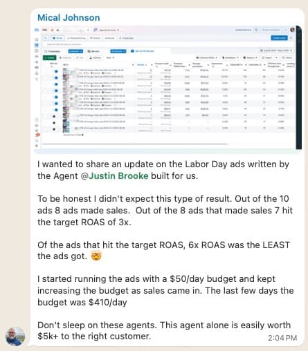 Mical Johnson testimonial showing 6X ROAS results