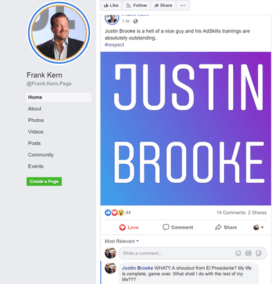 Frank Kern Facebook Post Praising Justin Brooke and AdSkills